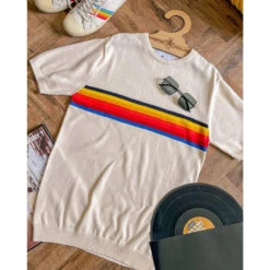 Britpop Rainbow Stripe Knit Tee (B) -Fashion House Store britpop top ecru 65028.1661262475 1