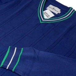 Fellini Pointelle Knit Tipped V-neck Jumper In Navy -Fashion House Store madcap england fellini tipped v neck jumper navy mc1050 5 61488.1695997603