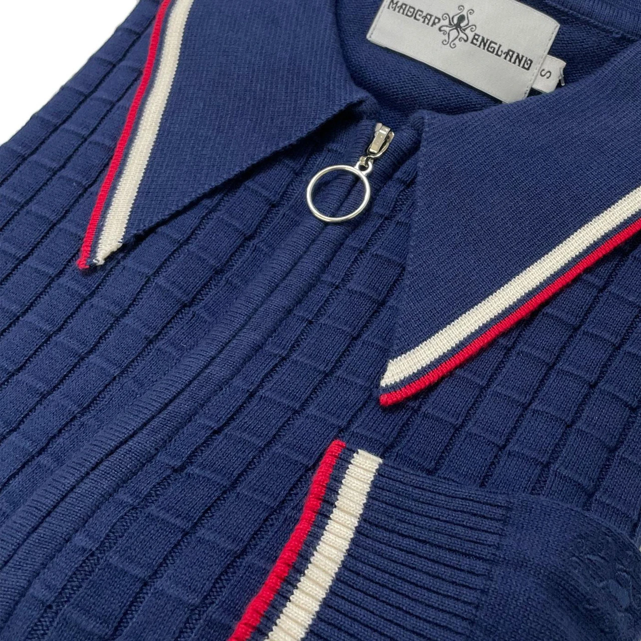 Apollo Mod Grid Check Big Collar Zip Polo Cardigan In Navy 10 Apollo Mod Grid Check Big Collar Zip Polo Cardigan In Navy - Image 8