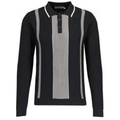Nova Mod Ribbed Panel Knitted Polo Shirt In Black -Fashion House Store madcap england nova ribbed panel knit polo black mc1031 3 83166.1695997401