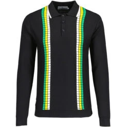 Zodiac Mod Textured Raised Stripe Knitted Polo Shirt Black -Fashion House Store madcap england zodiac waffle square stripe polo black 3 78989.1695997591